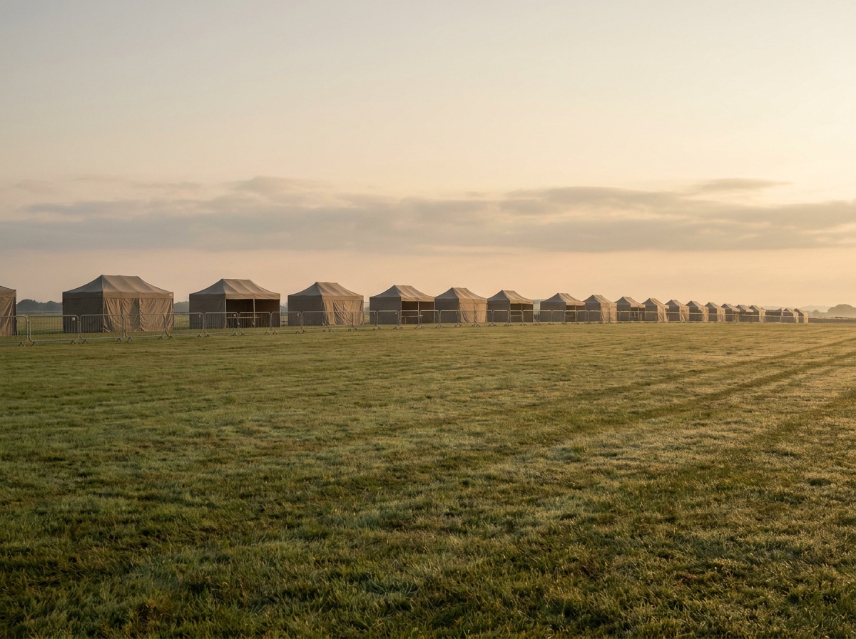 An airfield with tents and barriers being prepared for a large aviation event.