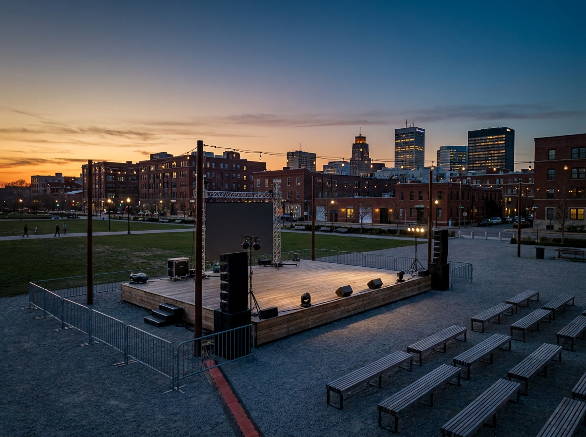 An outdoor stage prepared for an event in a downtown Akron park at sunset.