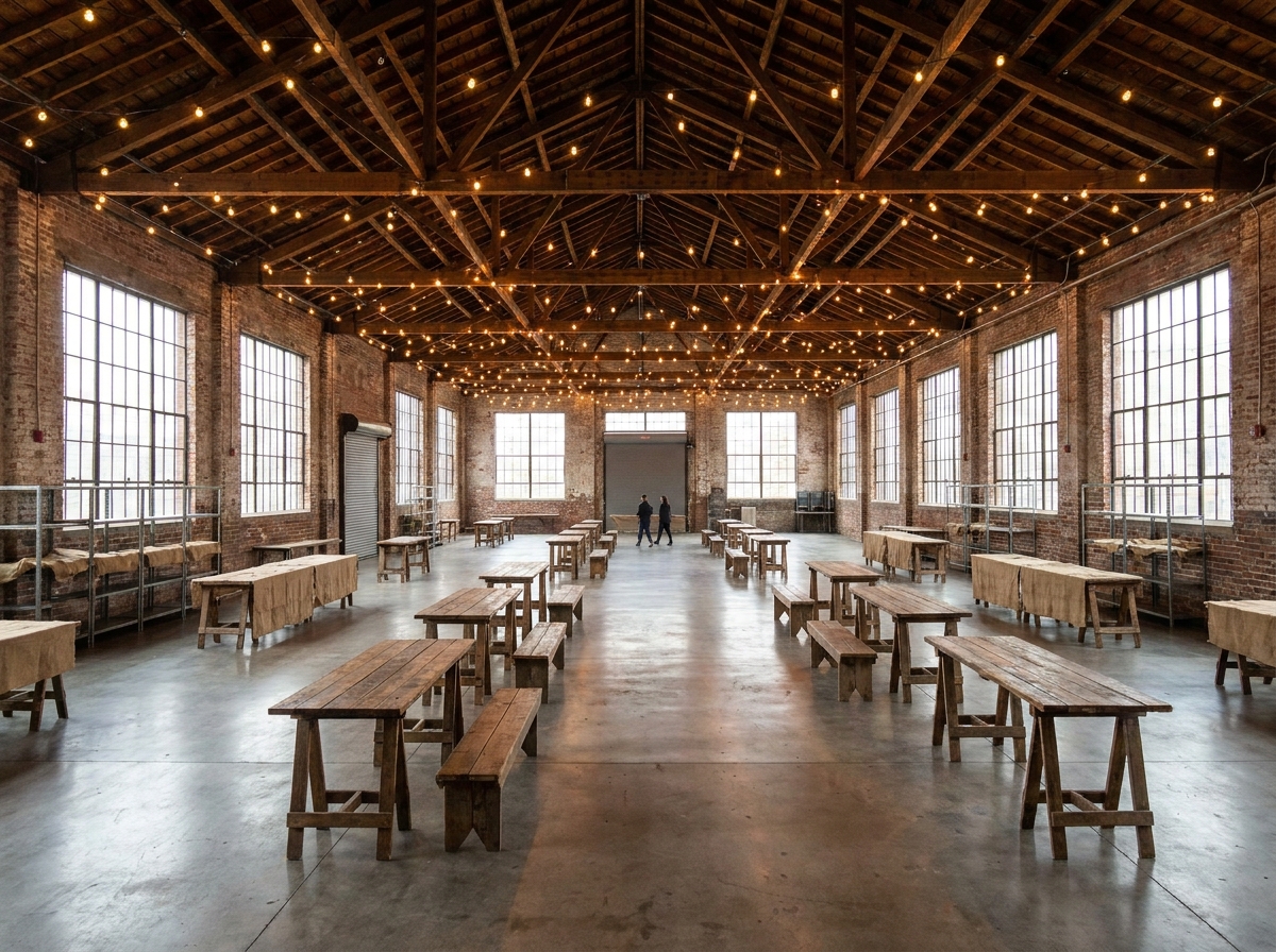 An industrial-chic event space in Akron set up with tables for a market.