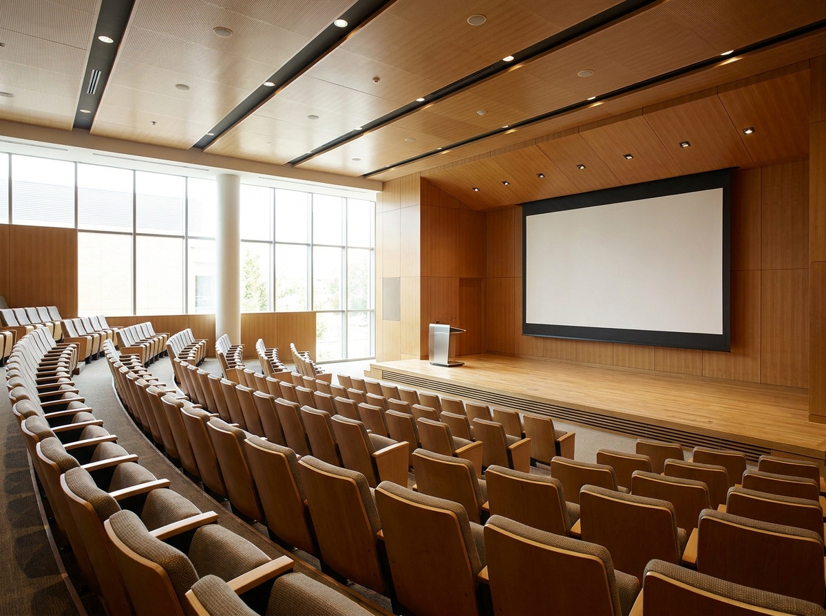 An empty modern auditorium in Akron, prepared for a conference or lecture.