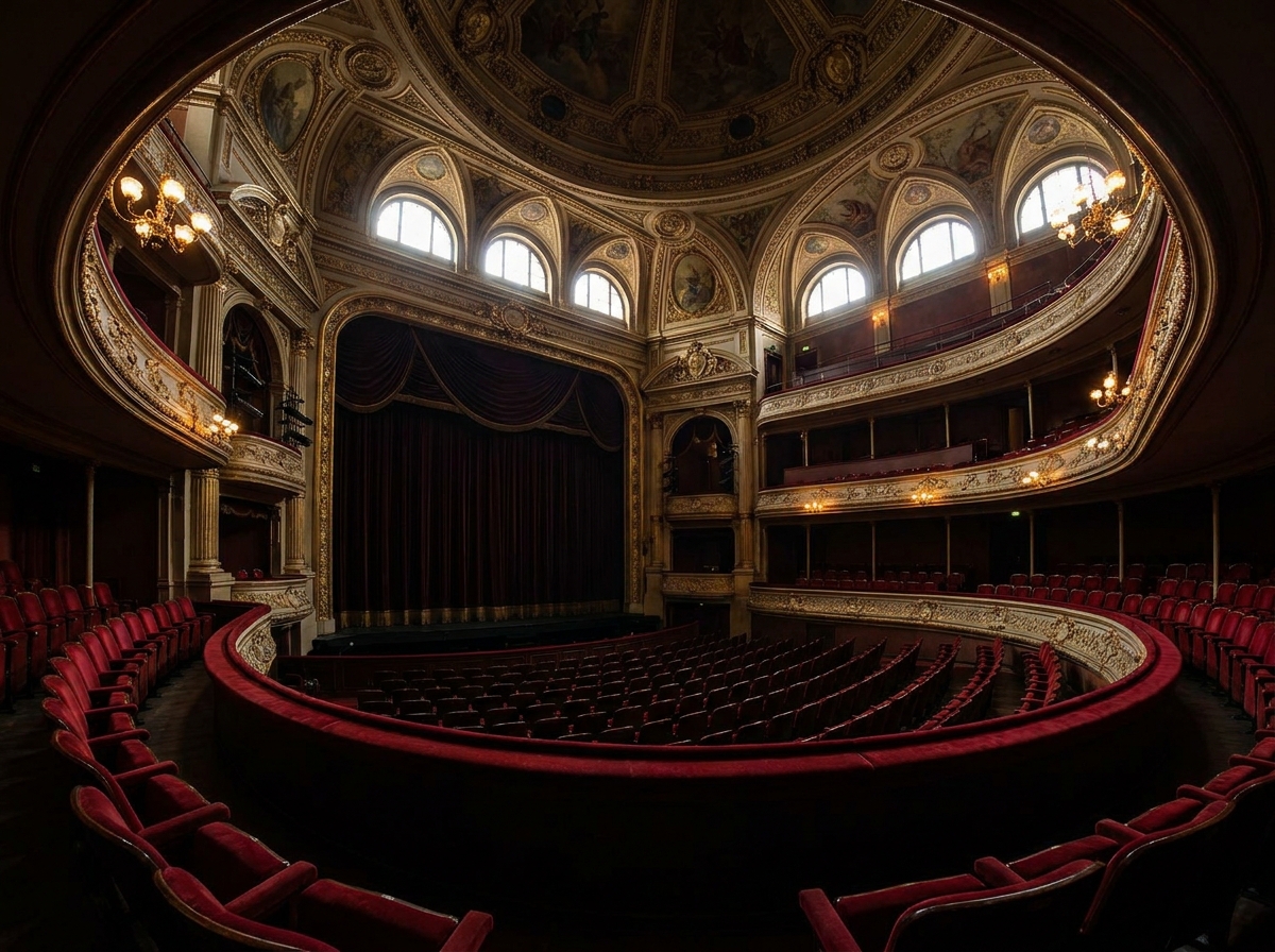 An empty, classic theater in Albany, viewed from the back row before an event.