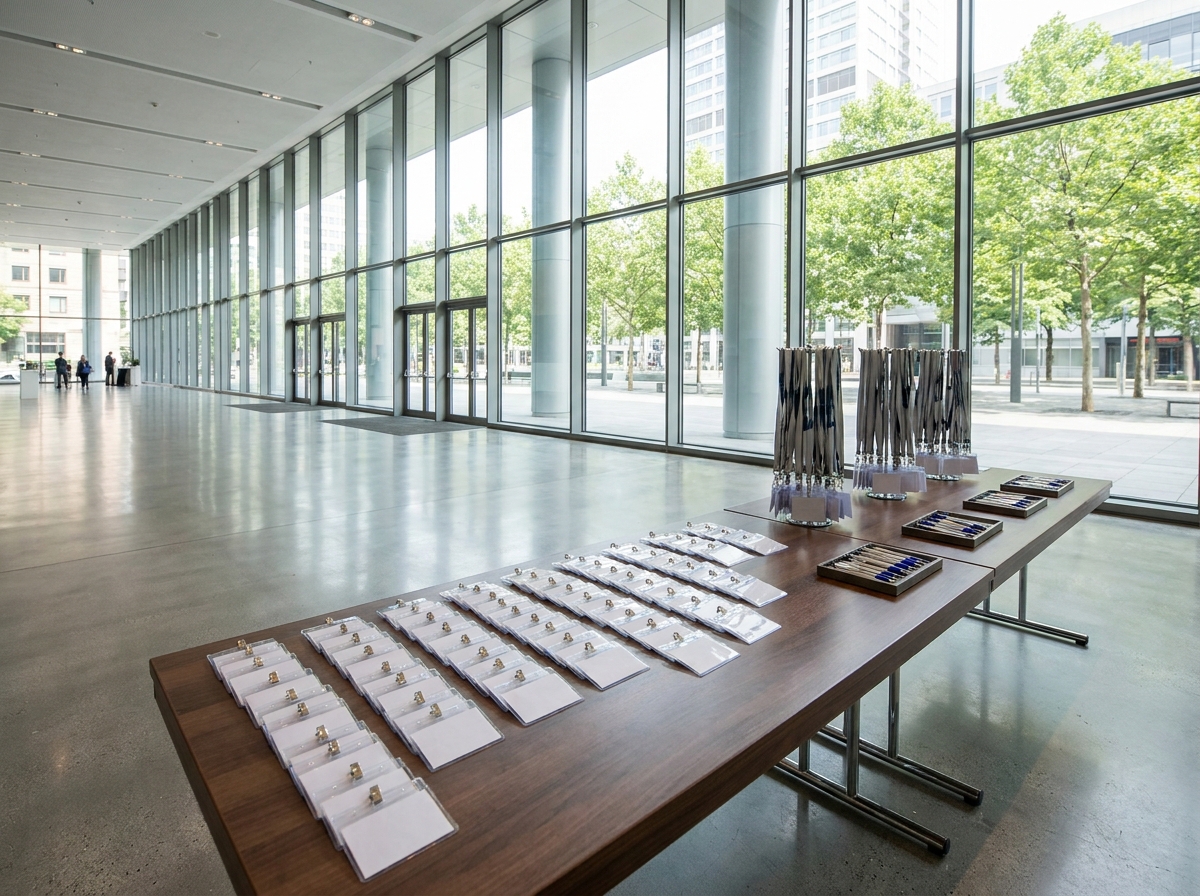 An empty registration desk prepared for an Albany conference.