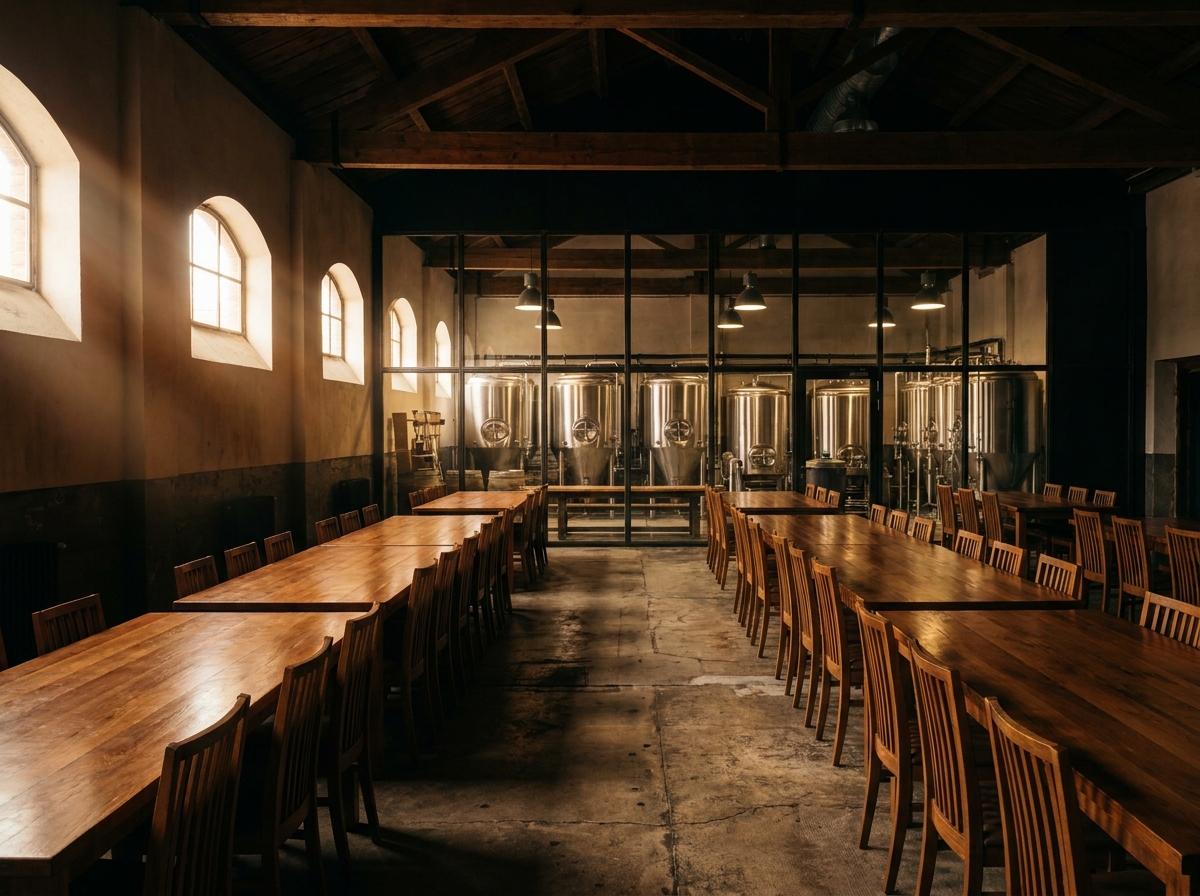 An empty, well-lit brewery tasting room in Albany set up for a food and drink event.
