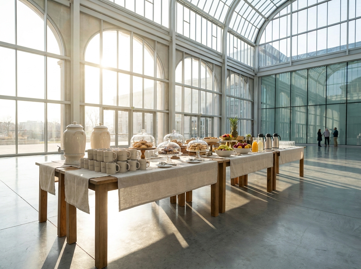 A coffee station ready for attendees at a business event.