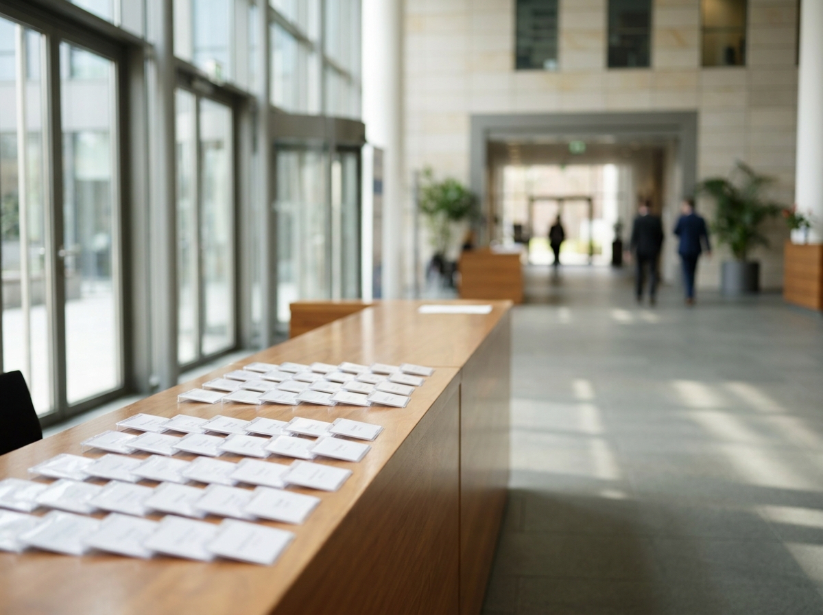An organized registration desk with name tags for a professional event.