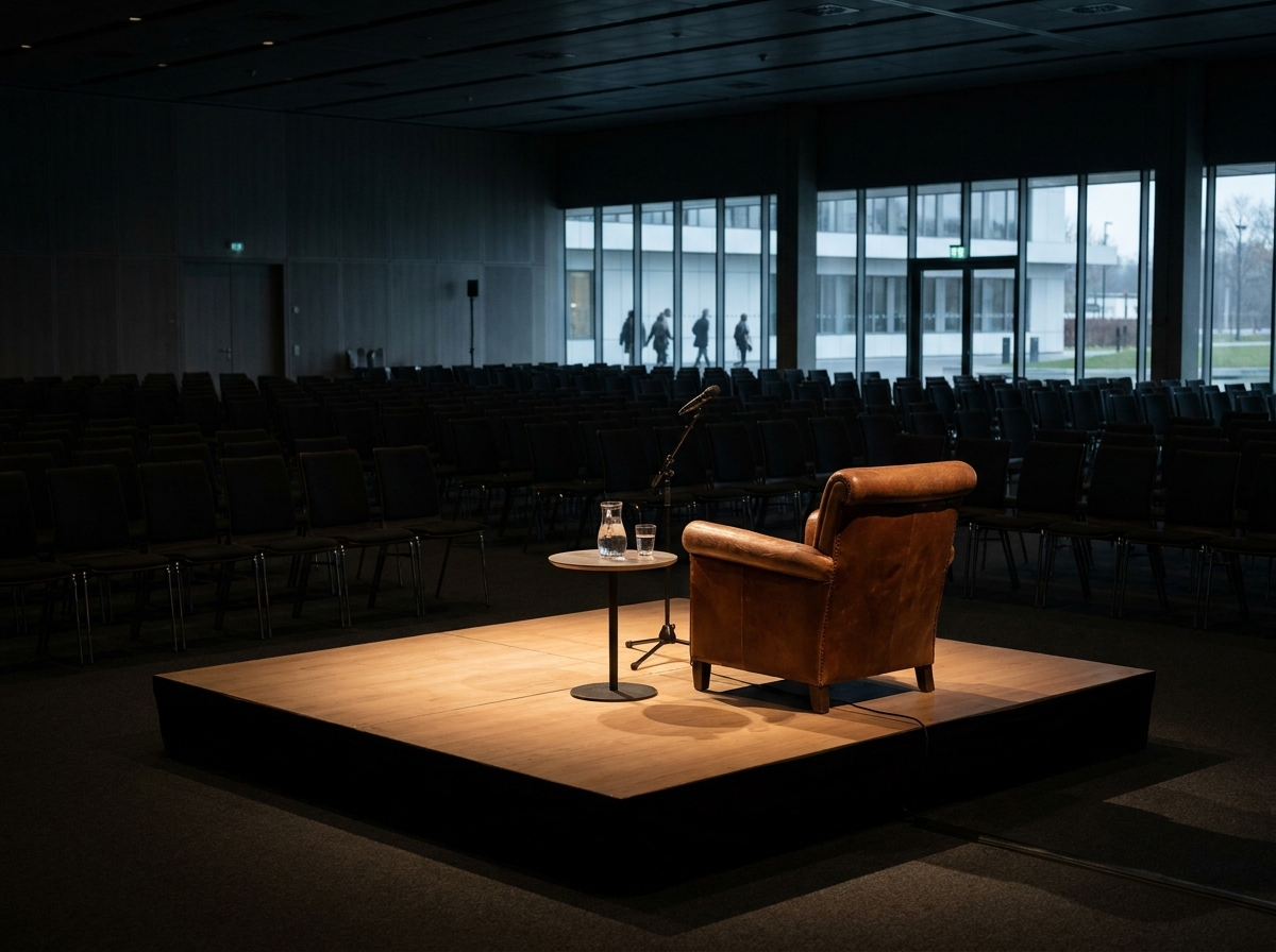 A stage prepared for a speaker at a business event in Albany.