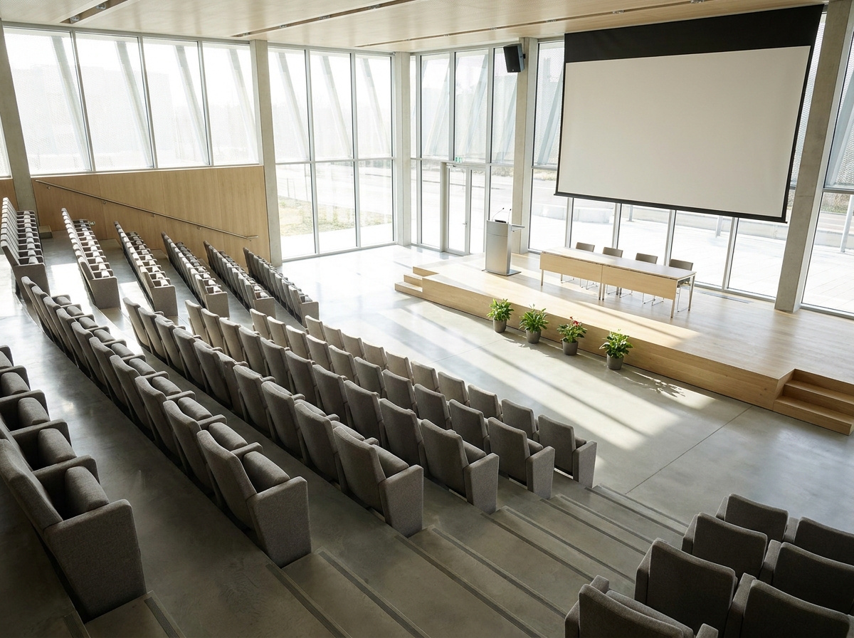 An empty auditorium ready for a business conference in Albany.