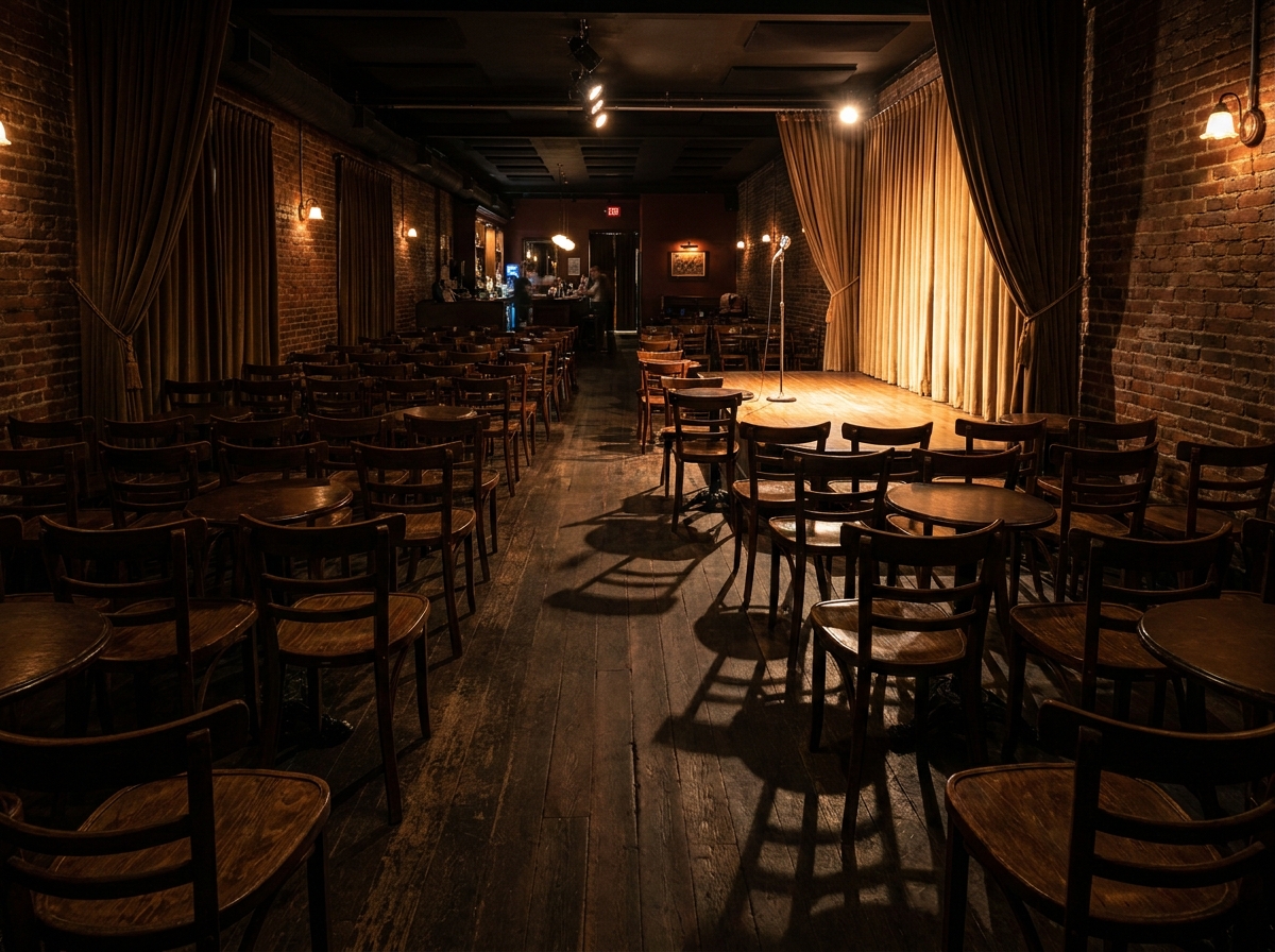 View from the back of an empty comedy club in Albuquerque, facing the lit stage.