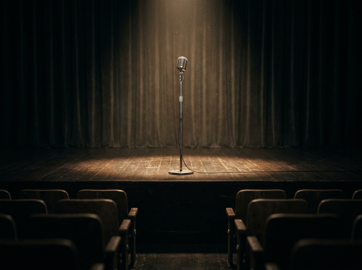 A microphone on a stand on an empty stage before a stand-up comedy show.