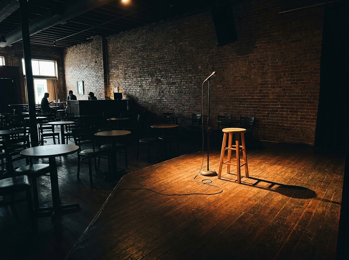 A microphone and stool on a brick-walled stage at an Albuquerque comedy club.