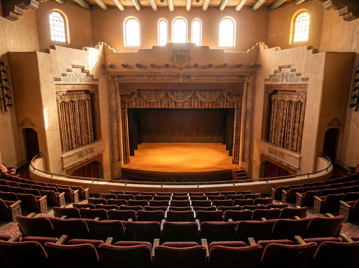 The empty, ornate interior of a historic theater in Albuquerque set up for a show.