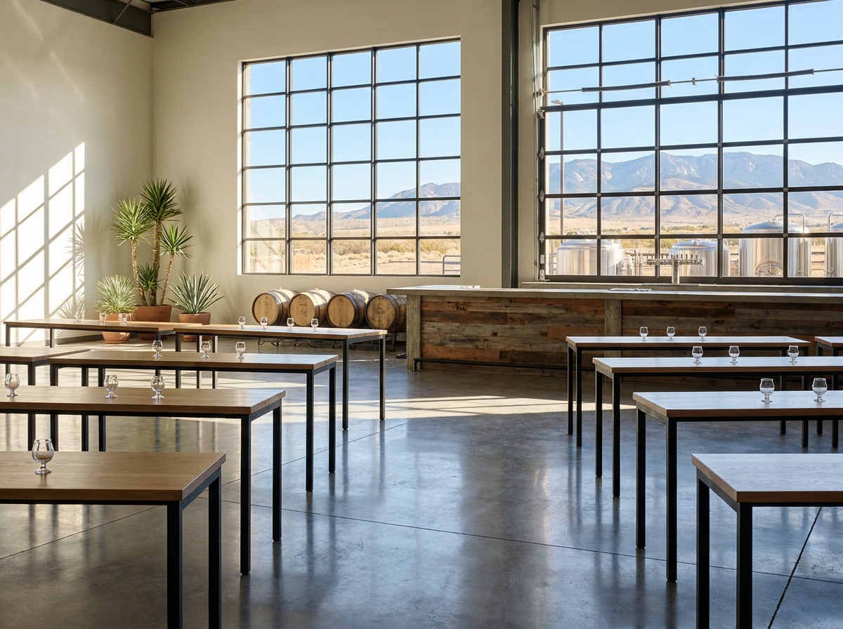An empty, modern event space inside an Albuquerque brewery.