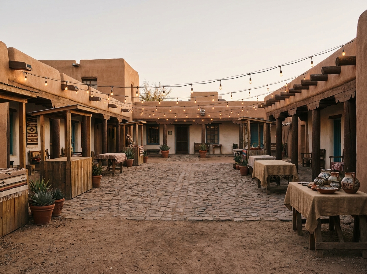 An empty courtyard in Old Town Albuquerque decorated with string lights for an event.