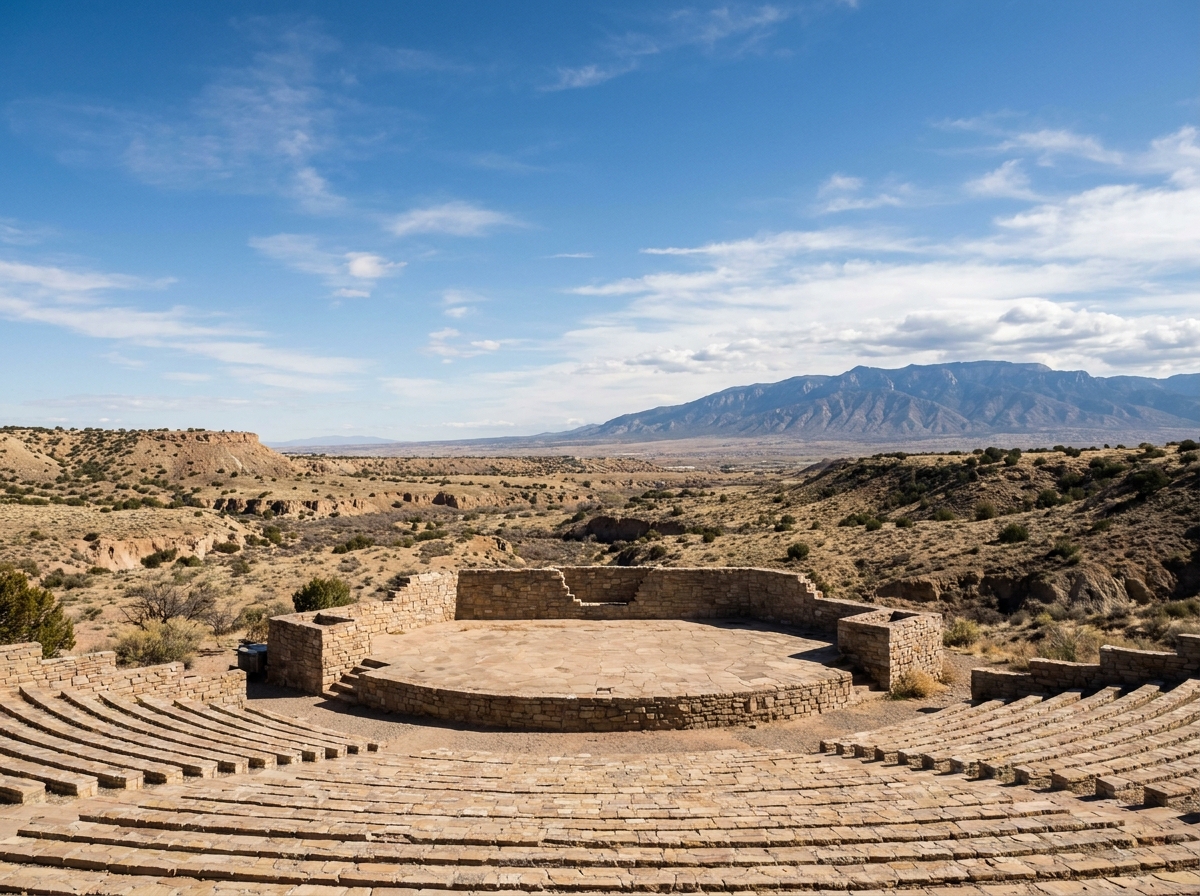 An empty outdoor amphitheater in the New Mexico desert ready for a performance.