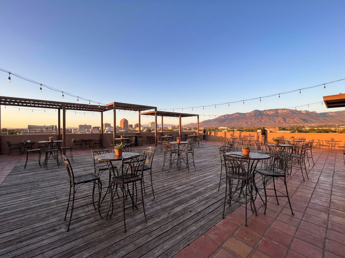 An empty rooftop venue ready for a networking event with the Albuquerque skyline in the background.