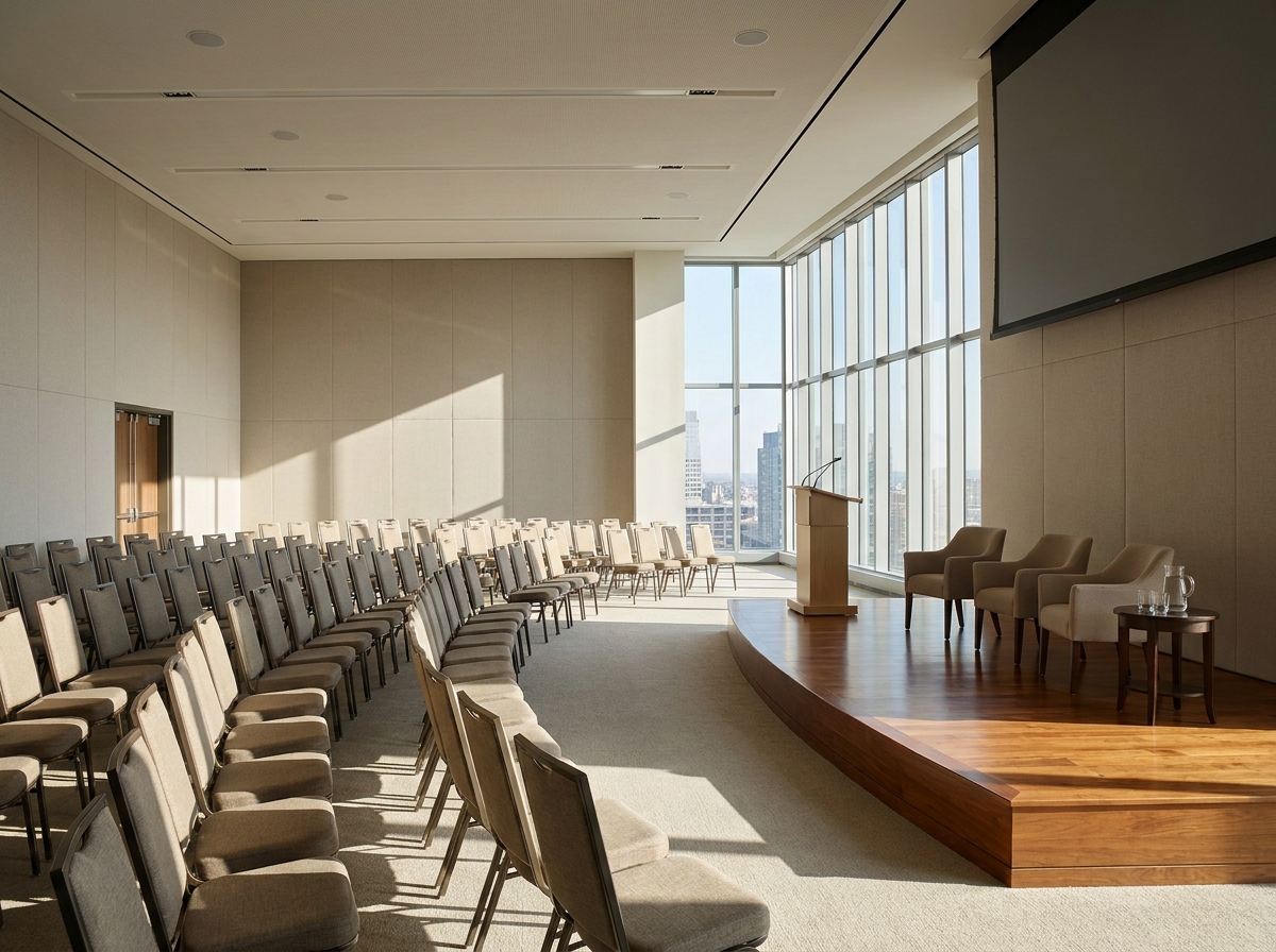 An empty conference room set up for a professional seminar in Albuquerque.