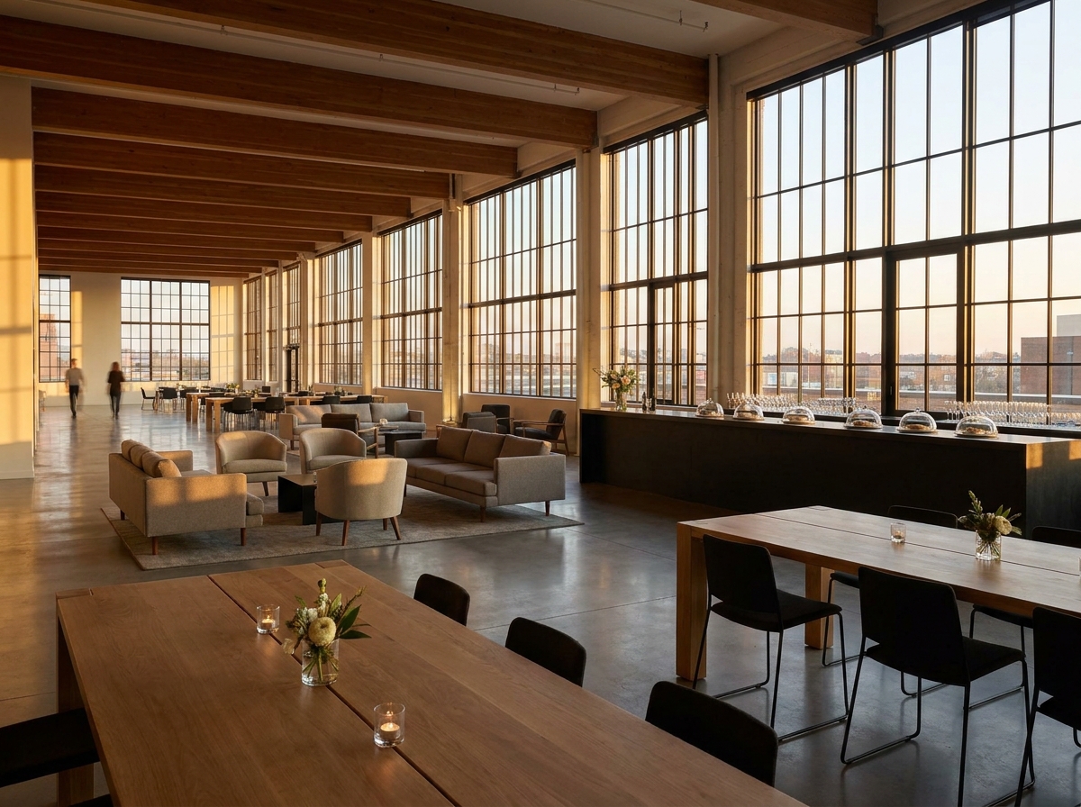 A modern co-working space in Albuquerque set up for a professional networking event.