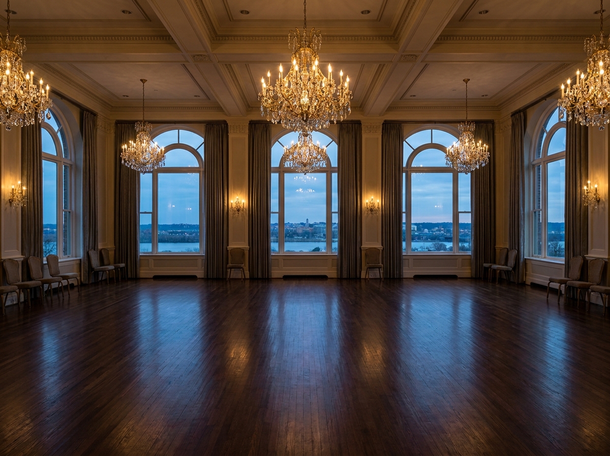 An elegant event space in a historic Alexandria venue prepared for guests.
