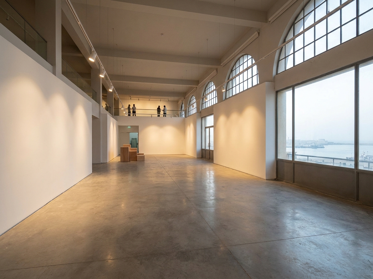 An empty art gallery in Alexandria set up for a ticketed event.