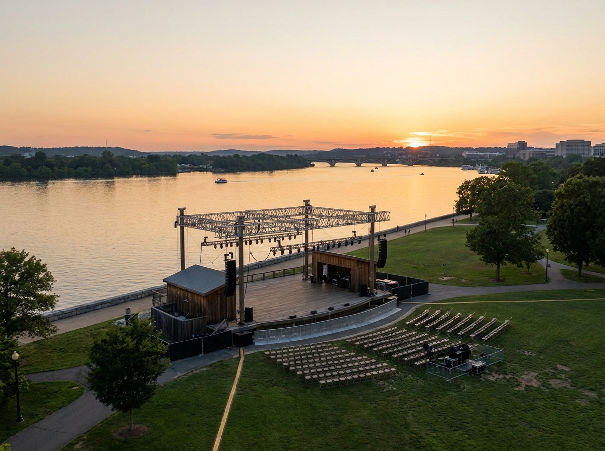 An outdoor event stage on the Alexandria waterfront, awaiting a performance.
