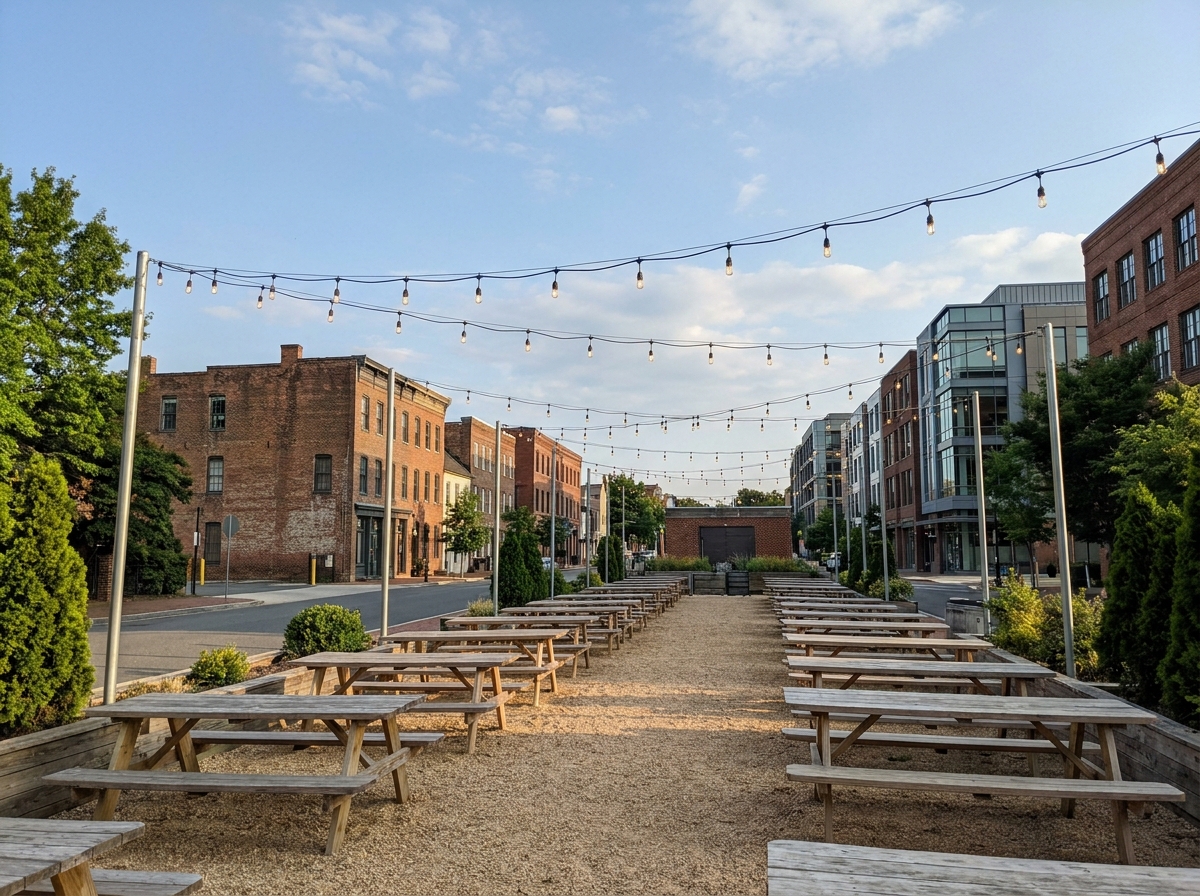 An outdoor beer garden in Alexandria set up for a food and drink event.