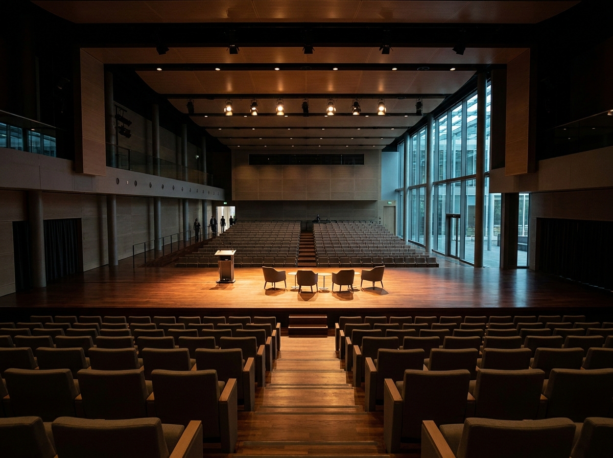 An empty stage set up for a professional panel discussion in Alexandria.