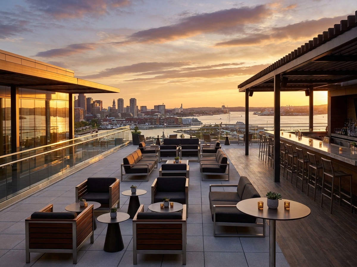 An empty rooftop terrace set for a networking event in Alexandria at sunset.