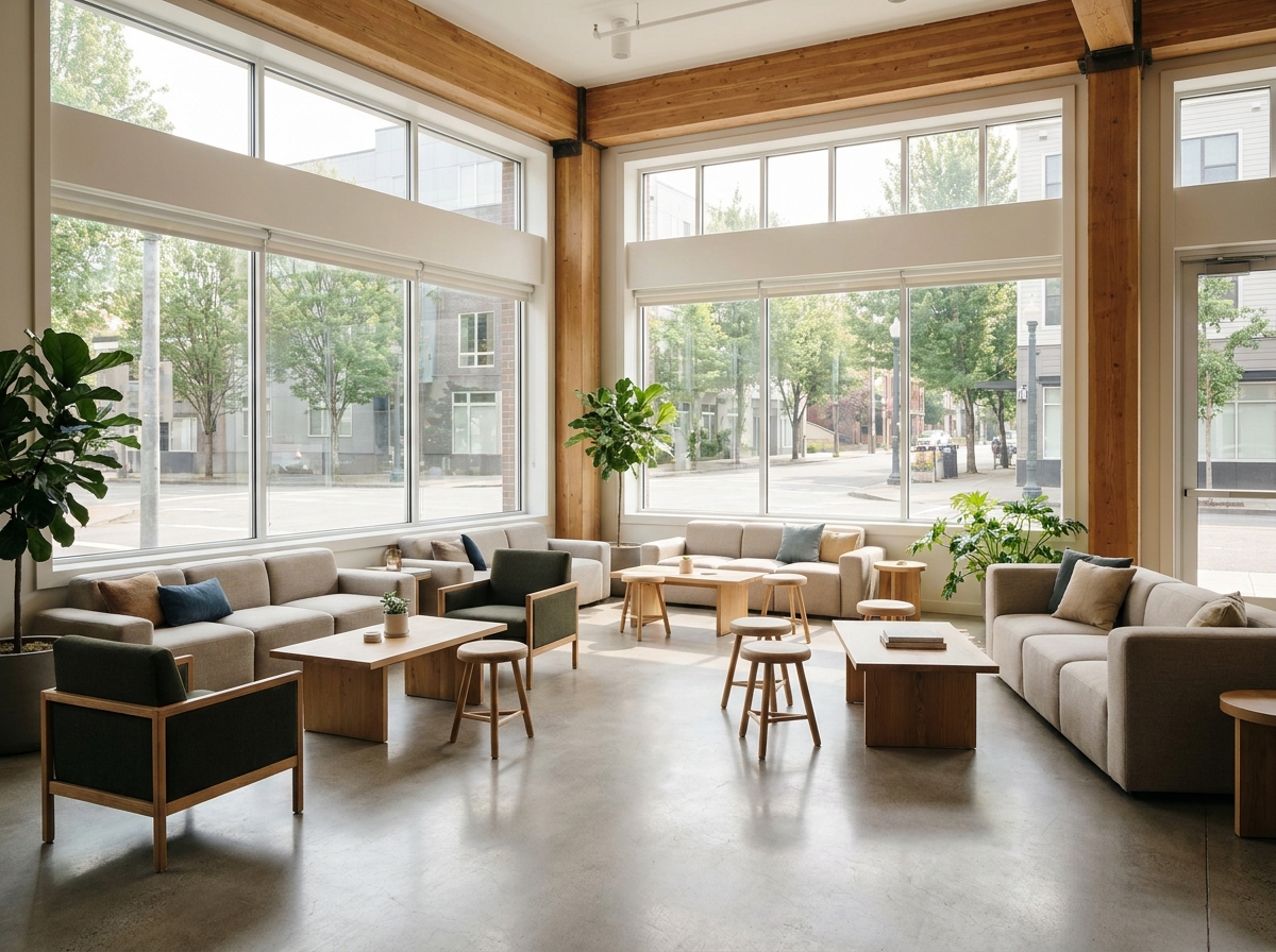 An empty, modern co-working space prepared for a business networking event.