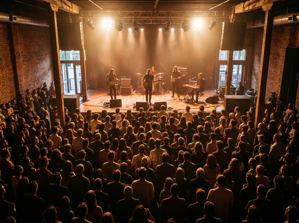 Audience watching a band perform at an alternative music show.