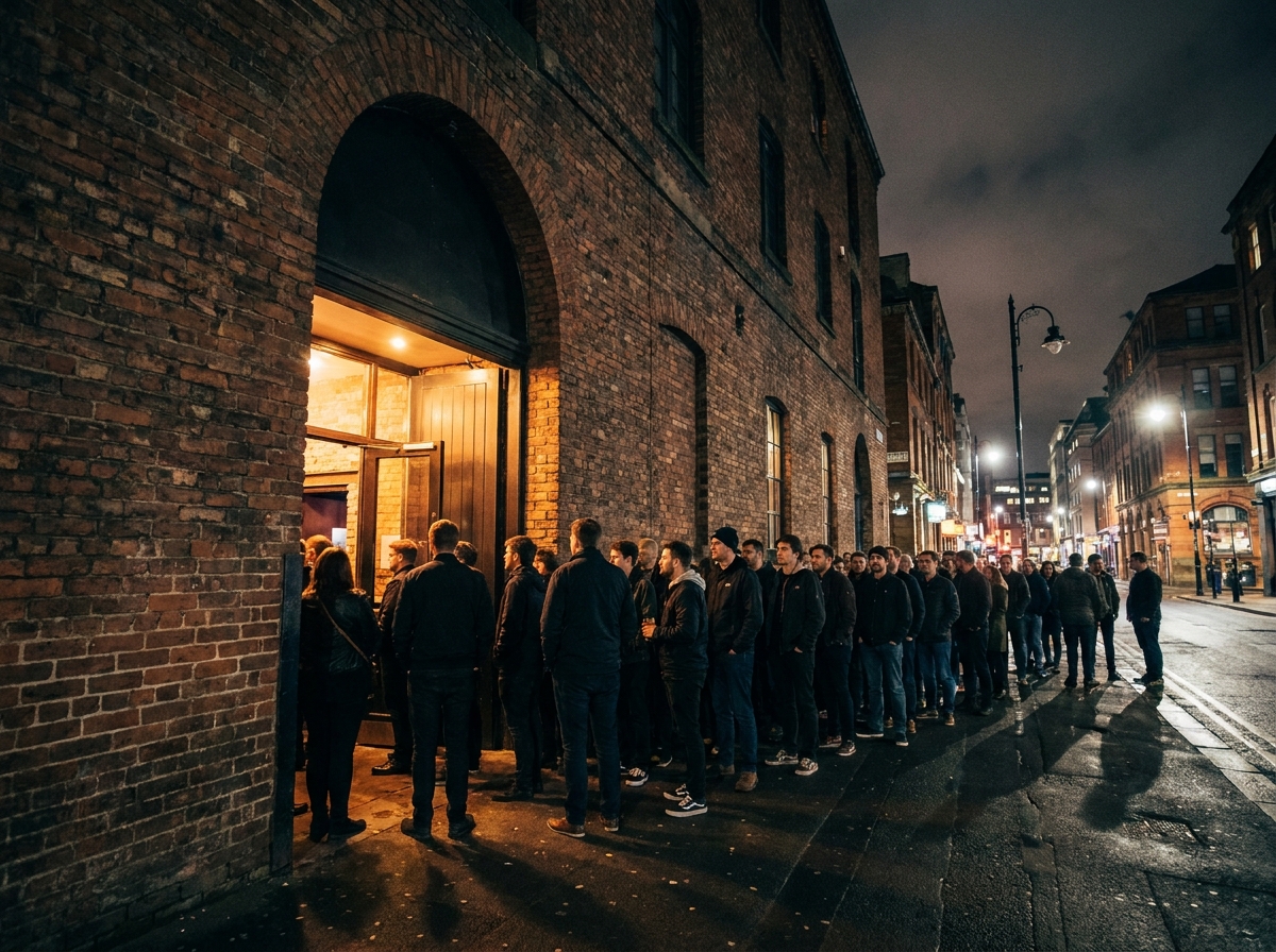 Attendees lined up outside an urban venue for an alternative music event.