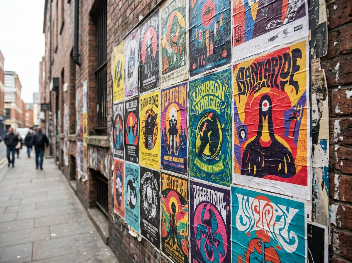 Promotional posters for alternative music events on a city wall.