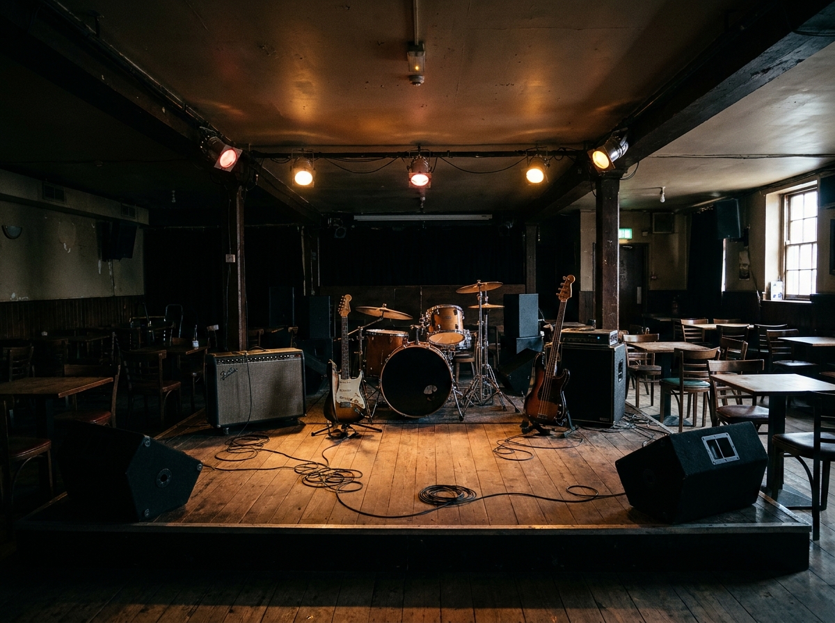 Stage with instruments set up before an alternative music concert begins.