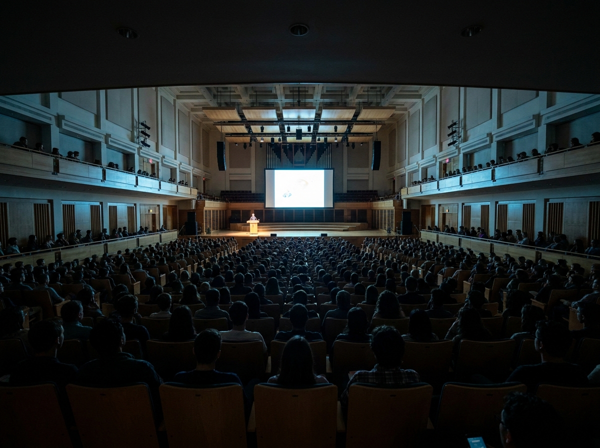 Audience watching a presentation at an alumni event in a university auditorium.