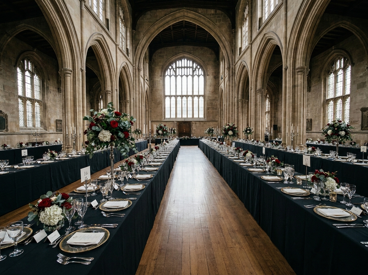 Long tables set for a formal alumni dinner in a large hall.