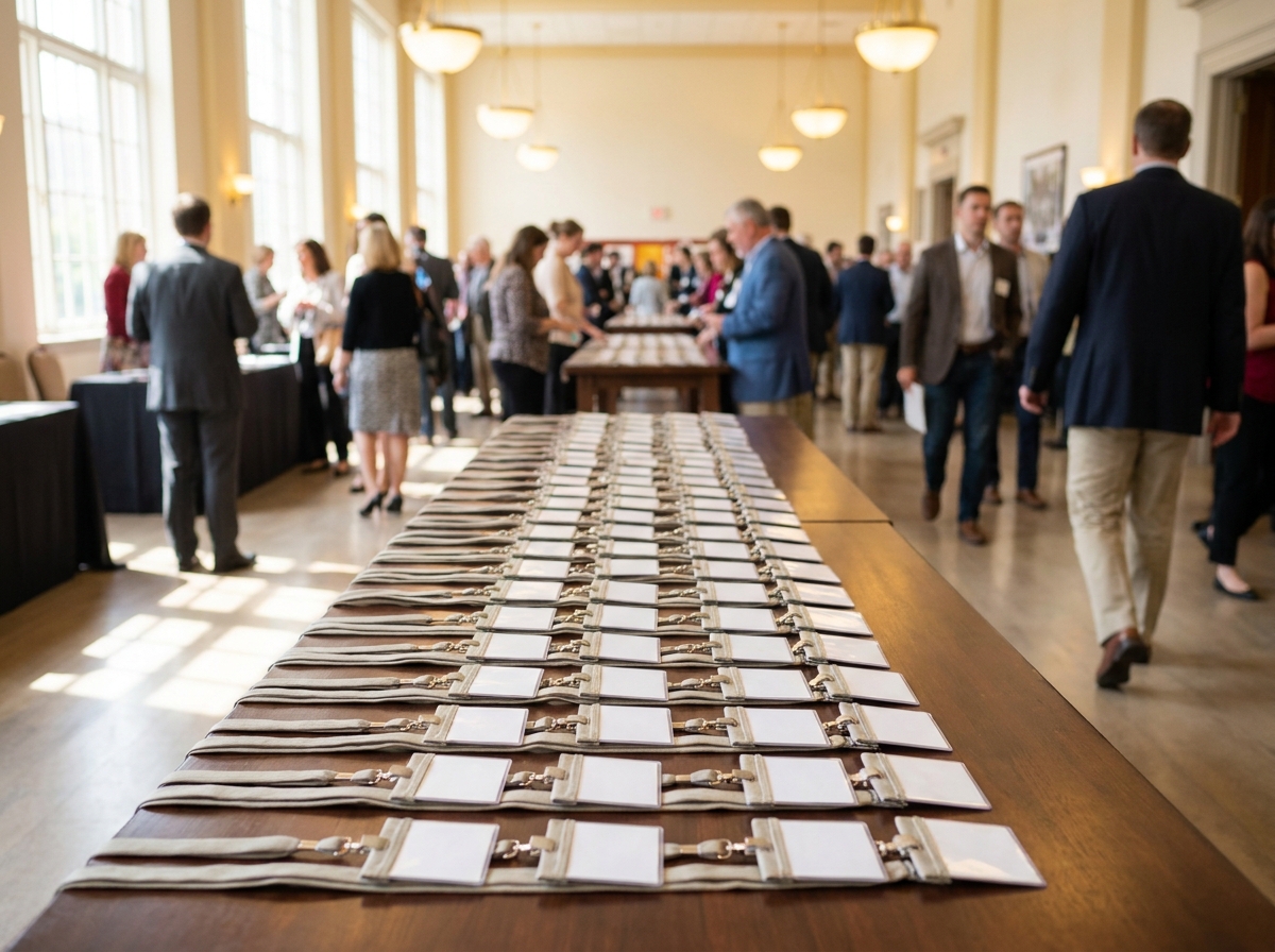 Name tags organized on a registration desk at an alumni networking event.