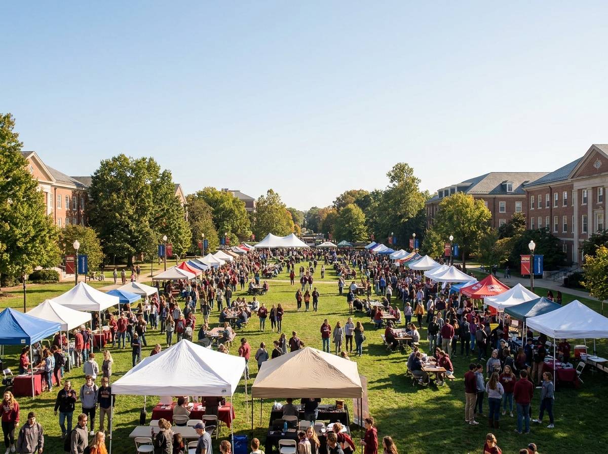 A large crowd of people on a university campus during an alumni homecoming event.