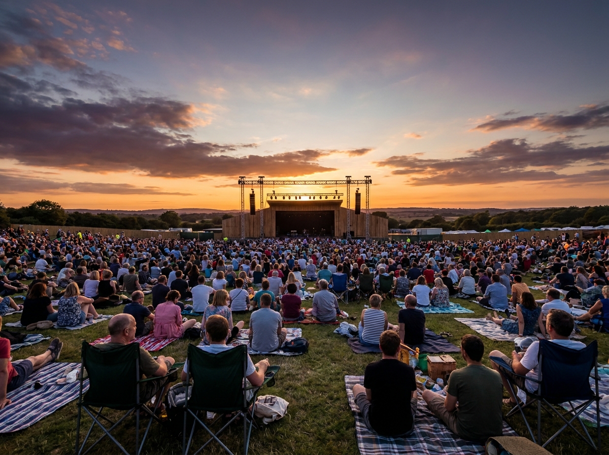 A large audience enjoying a performance at an outdoor Americana festival.