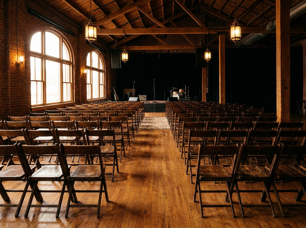 Reserved seating set up in a venue for an Americana music event.