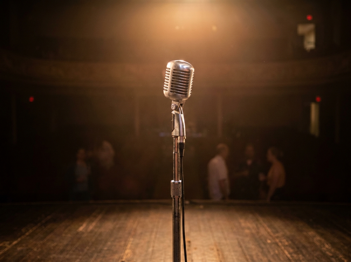 A vintage microphone on stage, ready for an Americana performance.