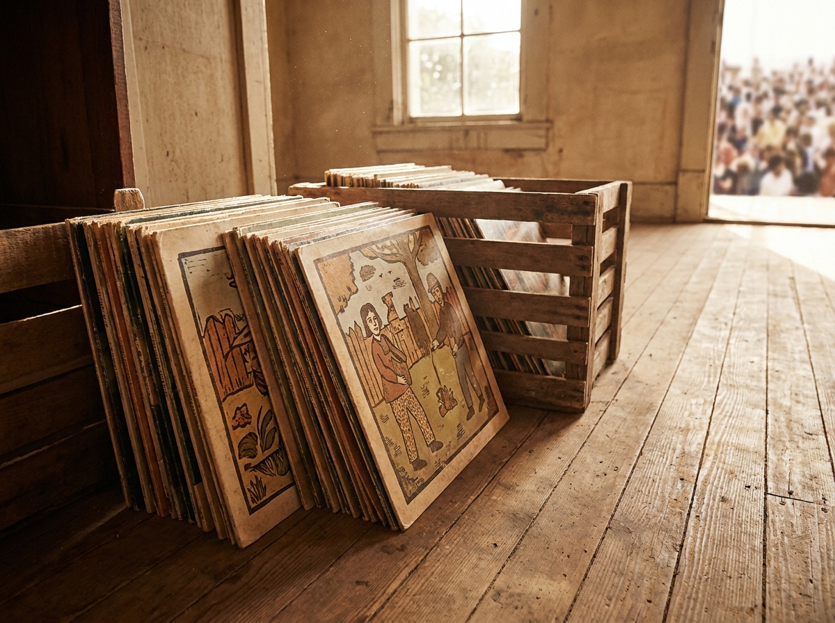 A collection of vinyl records with folk art covers, representing the Americana genre.