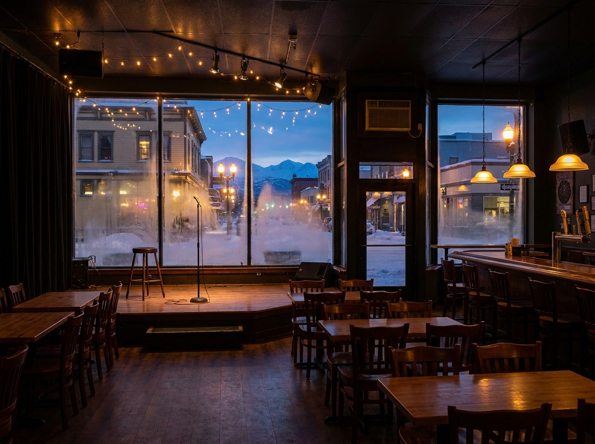 Interior of a cozy Anchorage bar prepared for an evening comedy show.