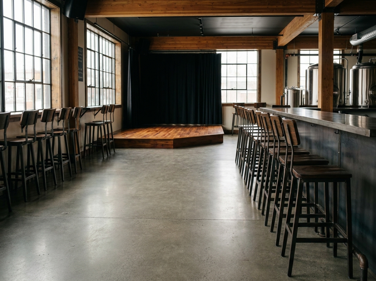 Empty stools at a bar, waiting for a comedy night in Anchorage to begin.