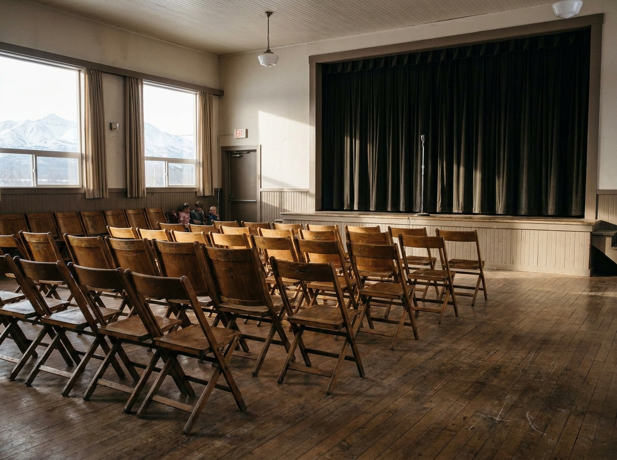 An empty independent theater in Anchorage, set up for a stand-up comedy performance.
