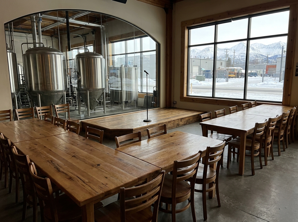 An empty performance space in an Anchorage brewery, set up for a comedy night.