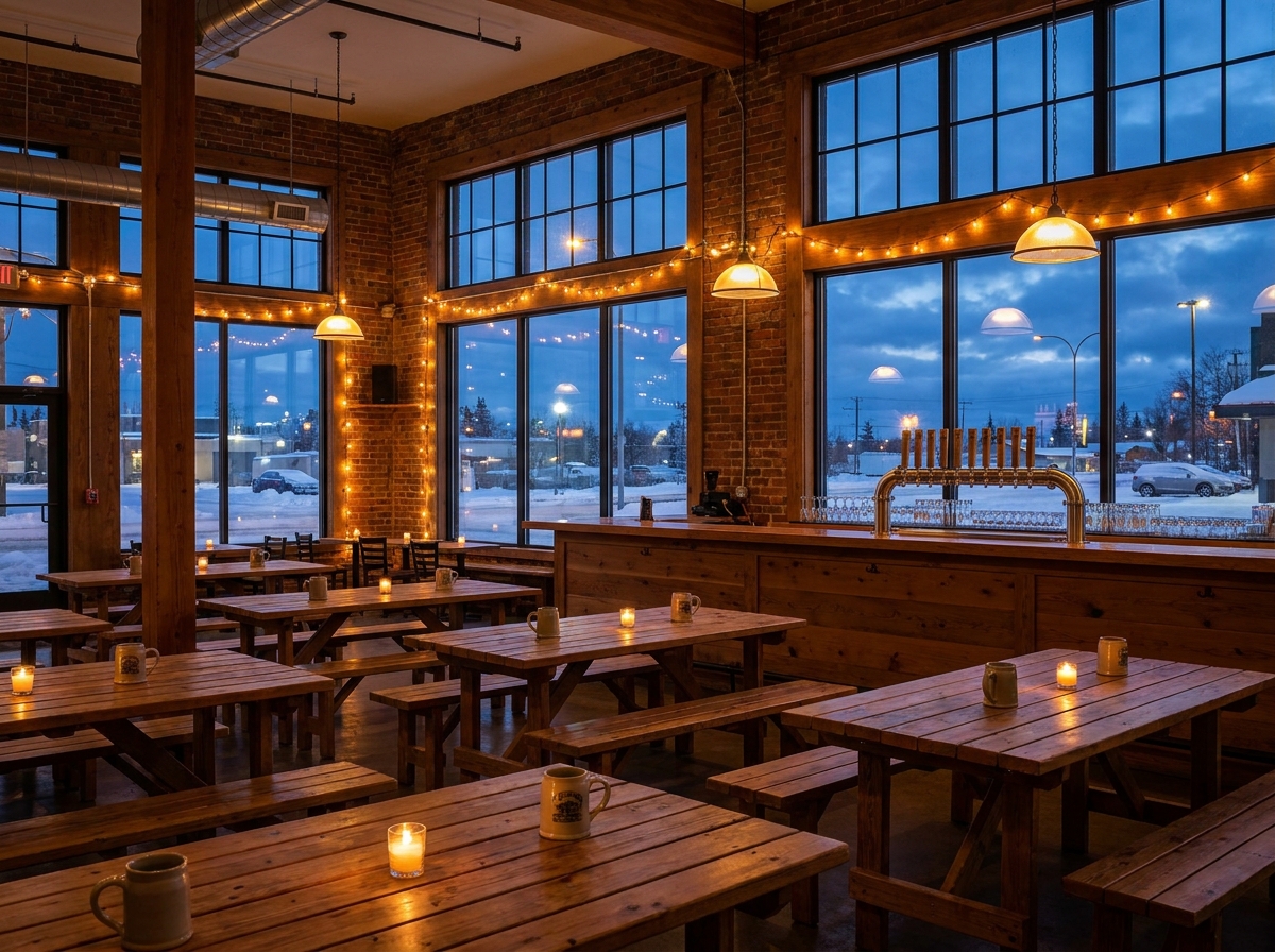 An empty brewery tasting room in Anchorage set up for an event.