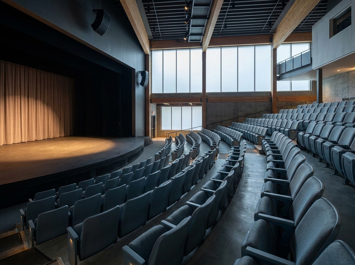 Empty seats facing a stage in an Anchorage theater.
