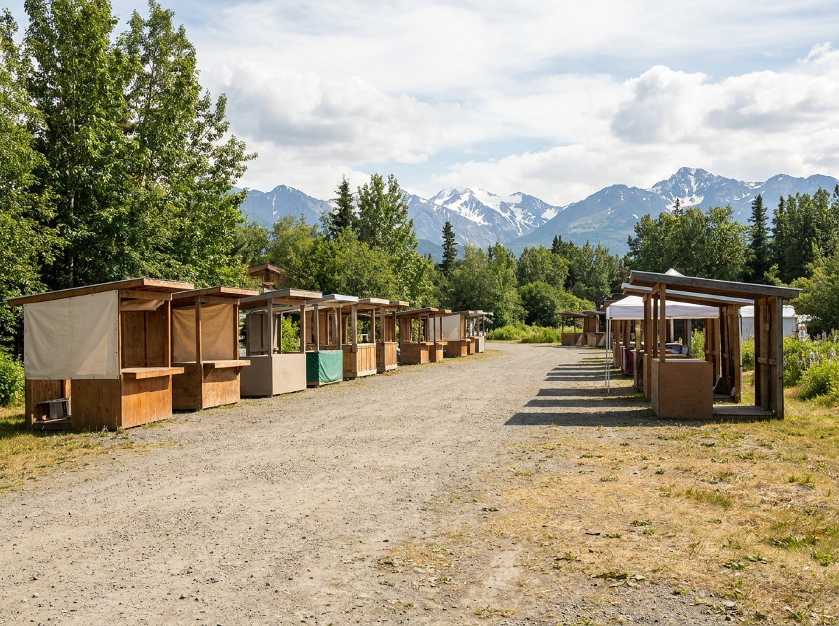 Empty market stalls at an outdoor event space in Anchorage.