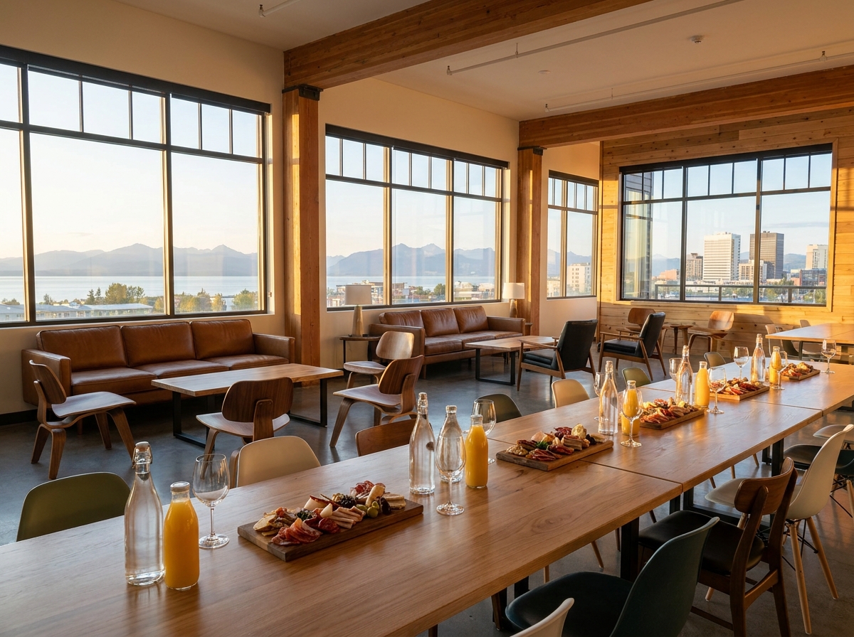 An empty, modern co-working space ready for a business event.
