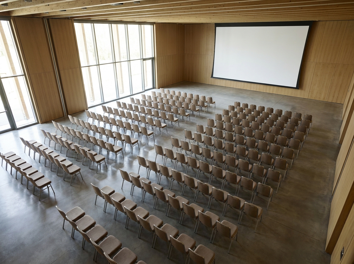 Empty theater-style seating in a conference room for a business seminar.