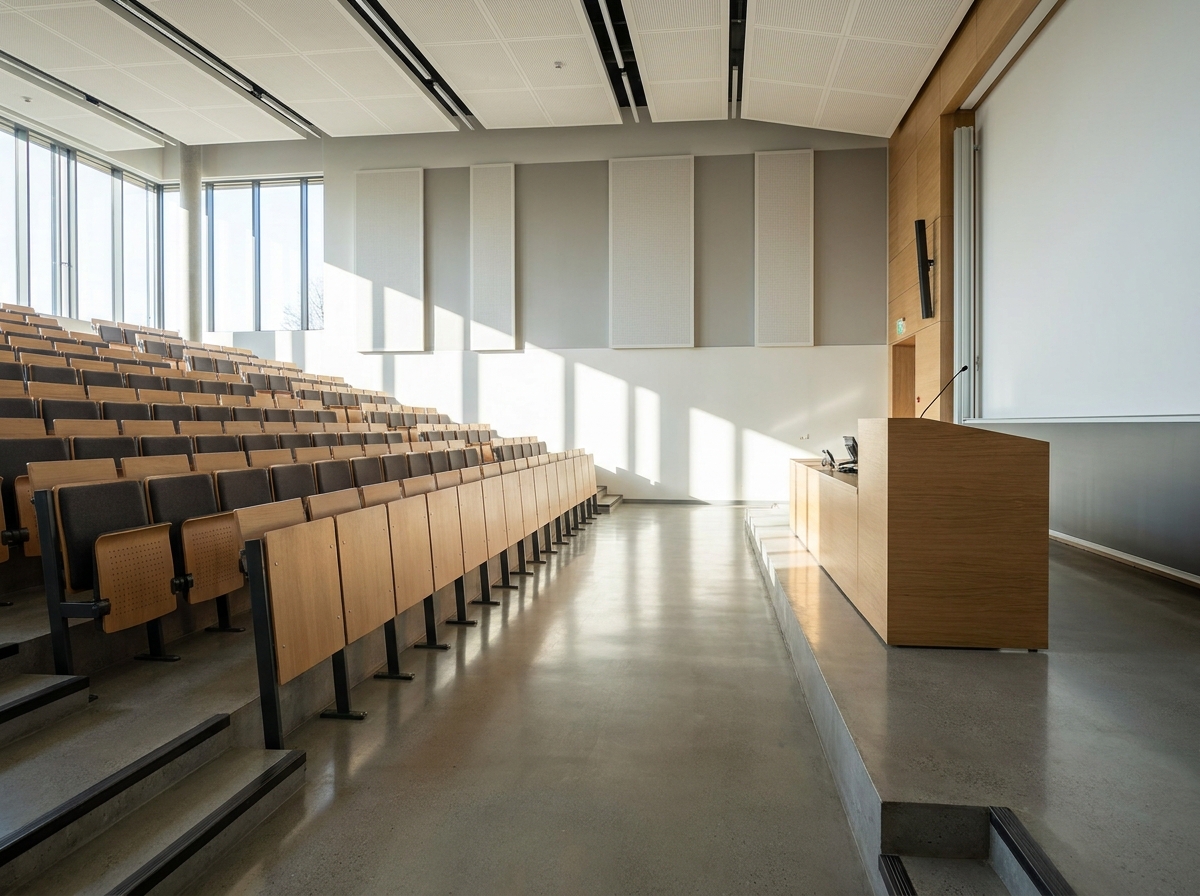 An empty, modern auditorium set up for a professional presentation in Anchorage.